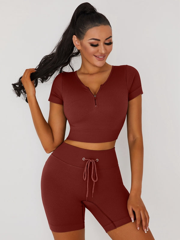 Knitted Chest Zipper Drawstring Ribbed Short Tracksuit