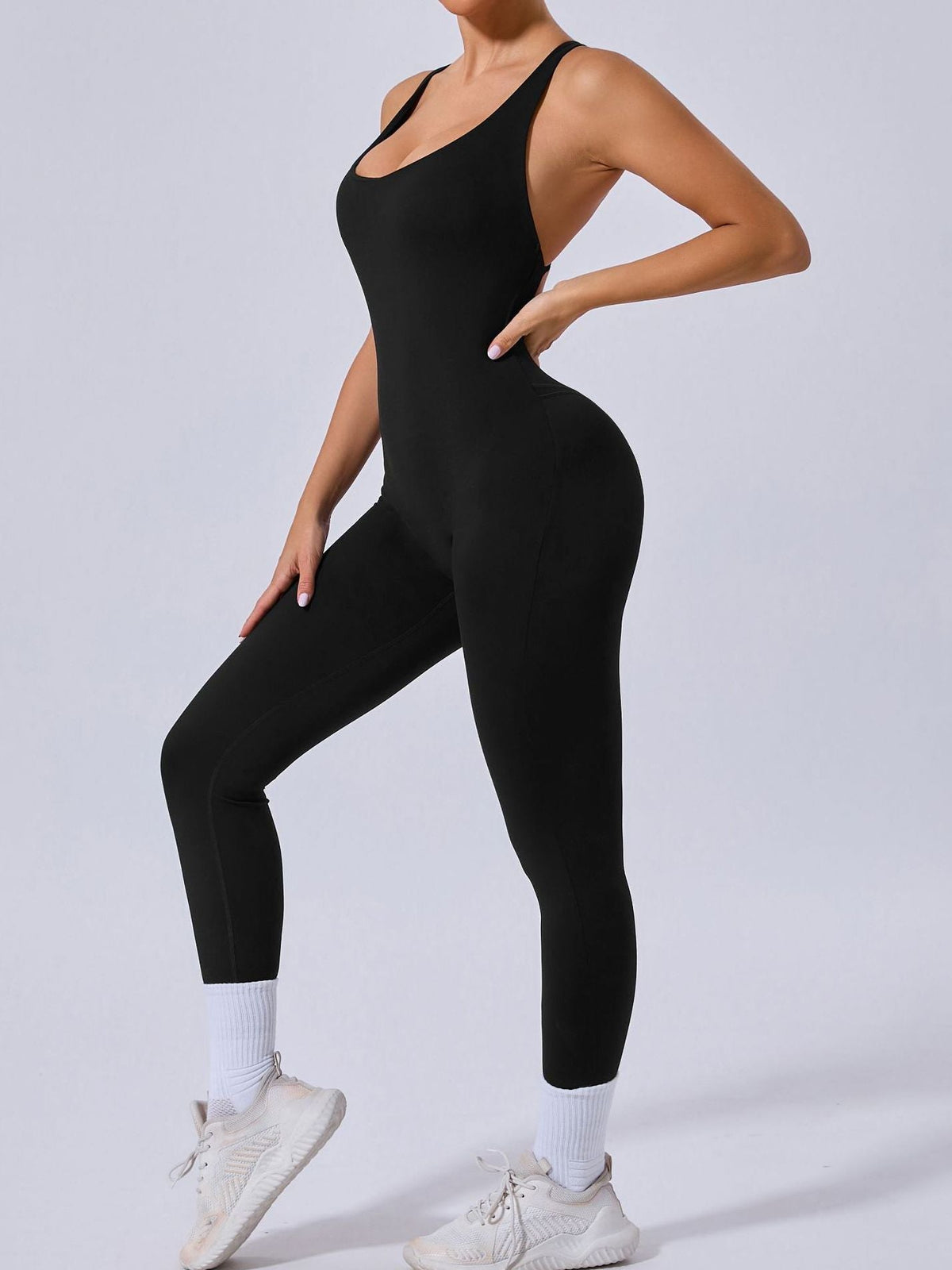 Cross Back Backless Adjustable Strap Elastic Tight Jumpsuit