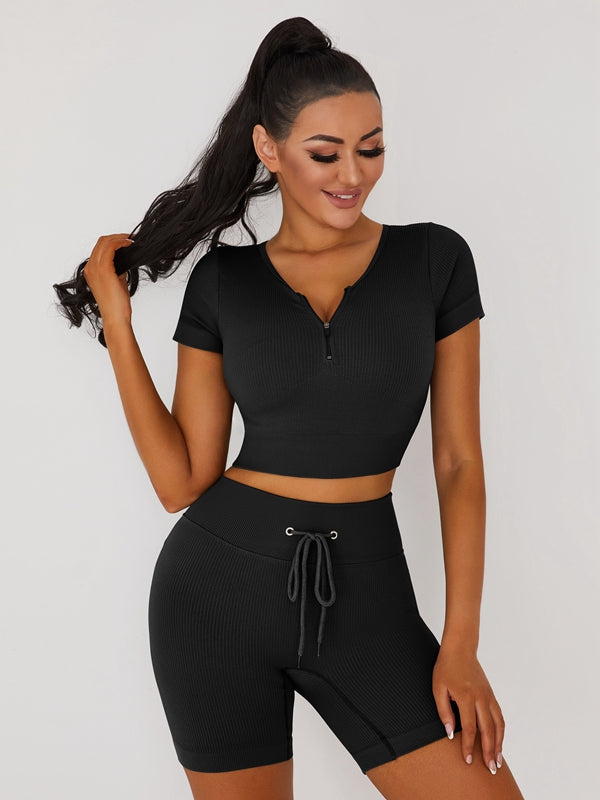 Knitted Chest Zipper Drawstring Ribbed Short Tracksuit