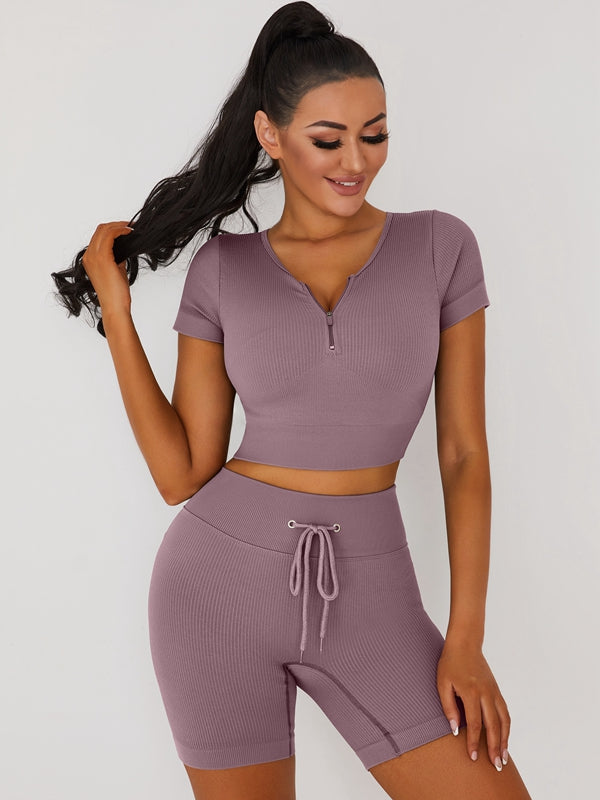 Knitted Chest Zipper Drawstring Ribbed Short Tracksuit