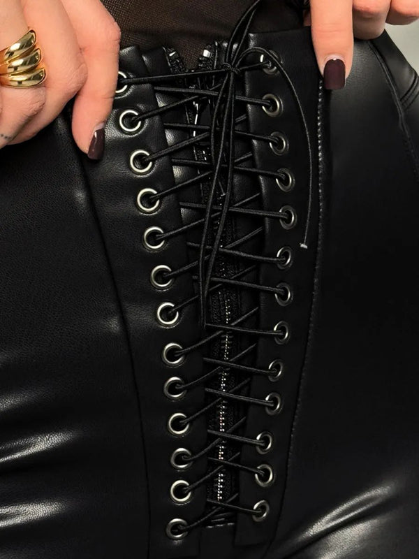 Sexy Faux Leather Push Up Design Lace-up Leggings