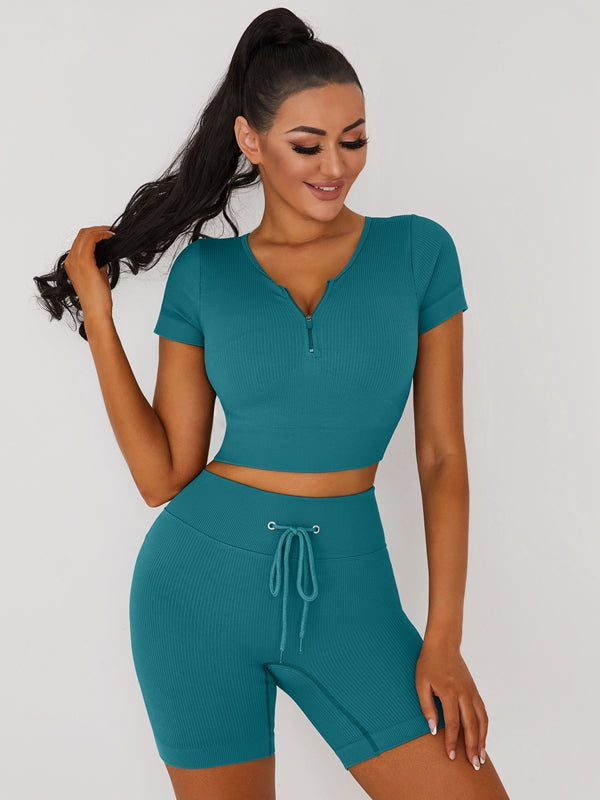 Knitted Chest Zipper Drawstring Ribbed Short Tracksuit
