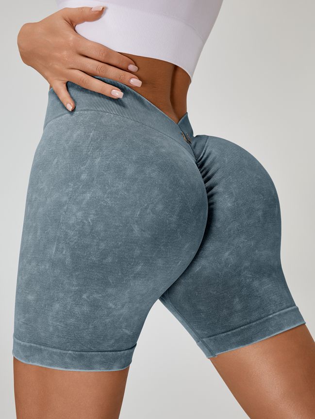 Deep V Back Faux Denim Scrunch Bum Spandex Gym Booty Shorts