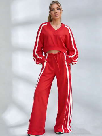 Contrast Color Stripes Big Heart Collar Pocket Casual Tracksuit