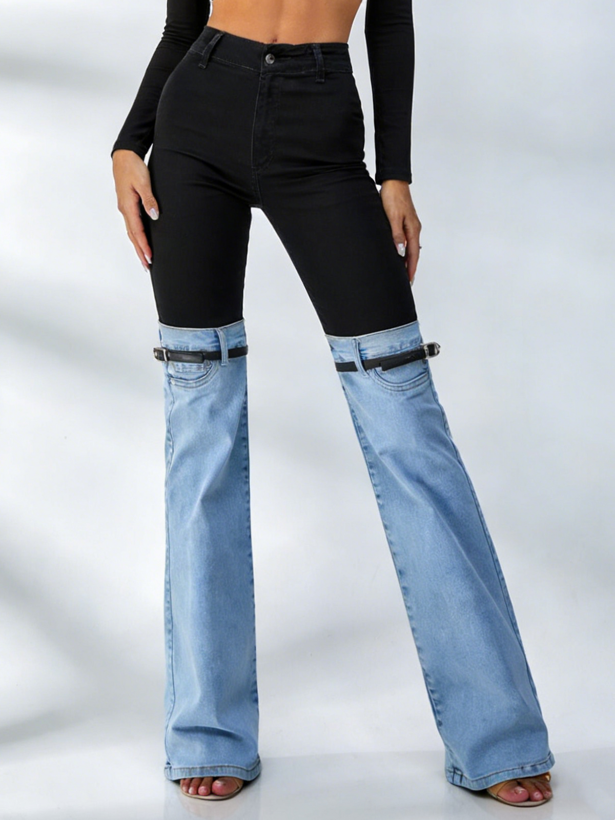 Contrast Color Denim Flare Fashion Pants