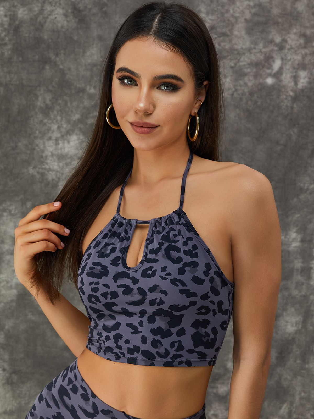 Leopard Print Hollow Out Halter Sports Bras