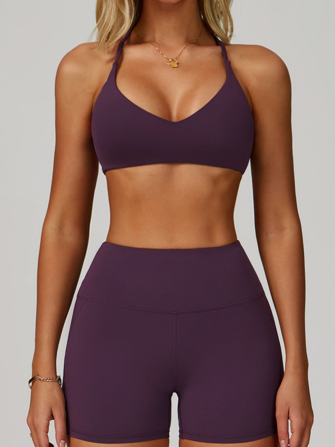 Cross Back V-neck with Chest Pads Quick Dry Push Up Design Short Tracksuit