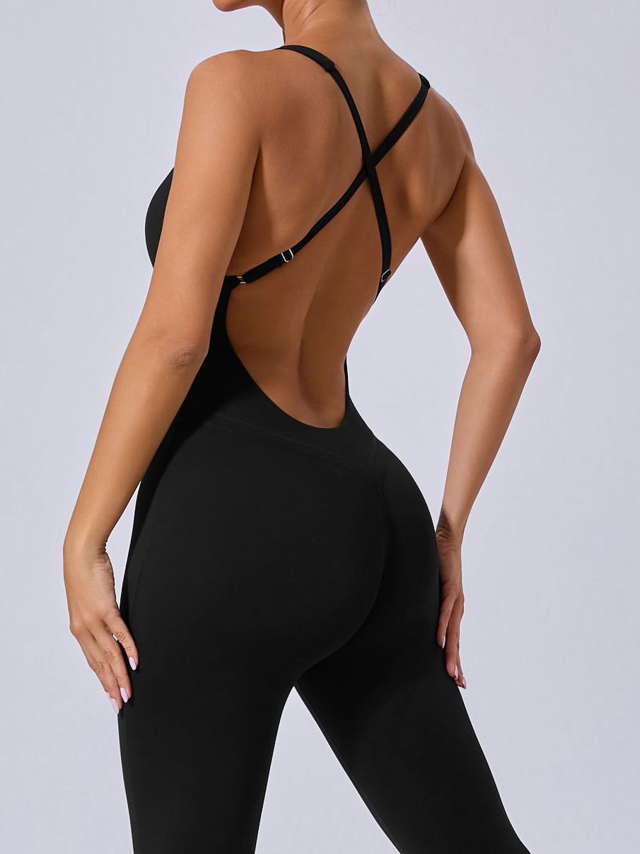 Cross Back Backless Adjustable Strap Elastic Tight Jumpsuit