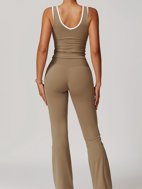 Contrast Color Deep V Collar Backless Flare Tracksuit