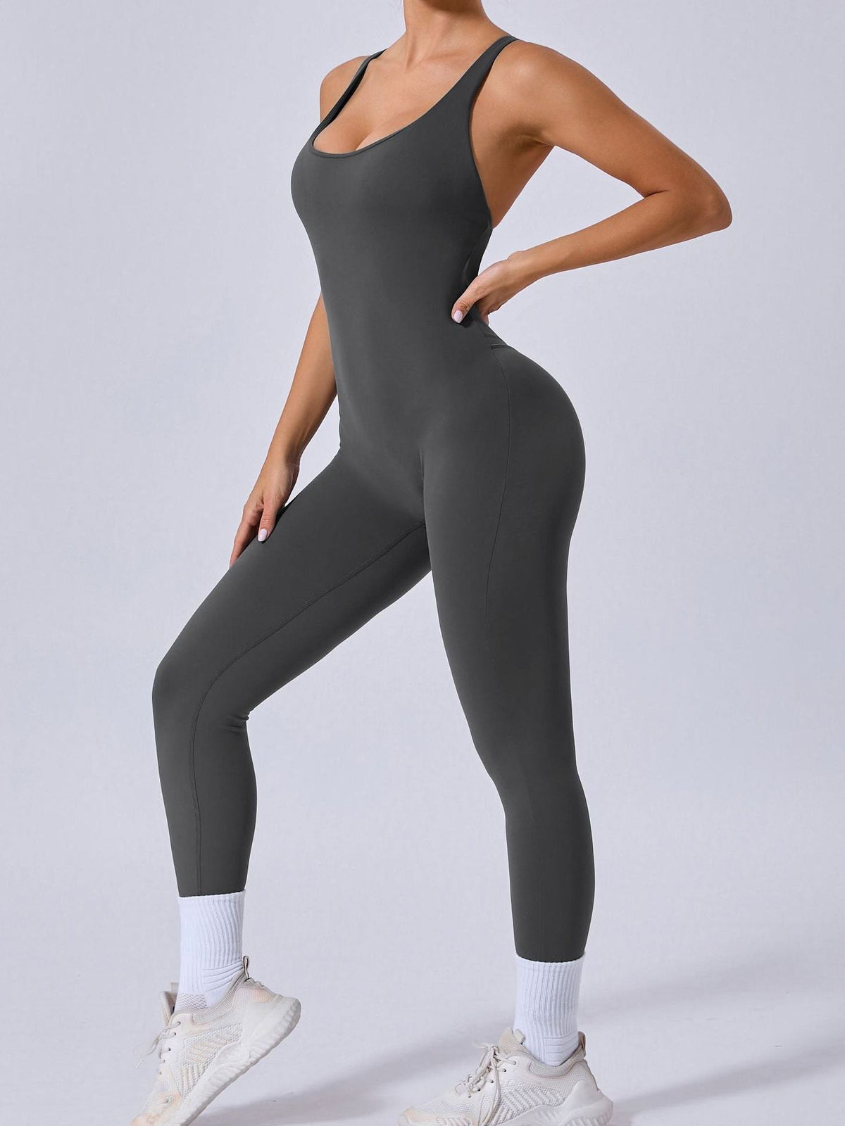 Cross Back Backless Adjustable Strap Elastic Tight Jumpsuit