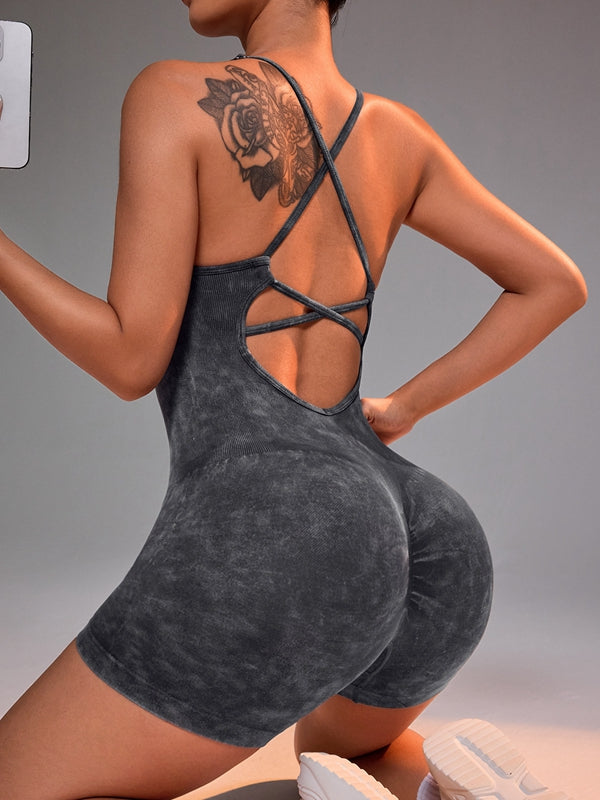 Imitation Denim Frosted Nude Sensation Cross Back Hollow Out Romper