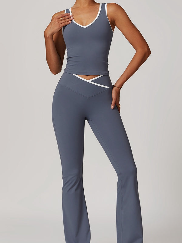 Contrast Color Deep V Collar Backless Flare Tracksuit