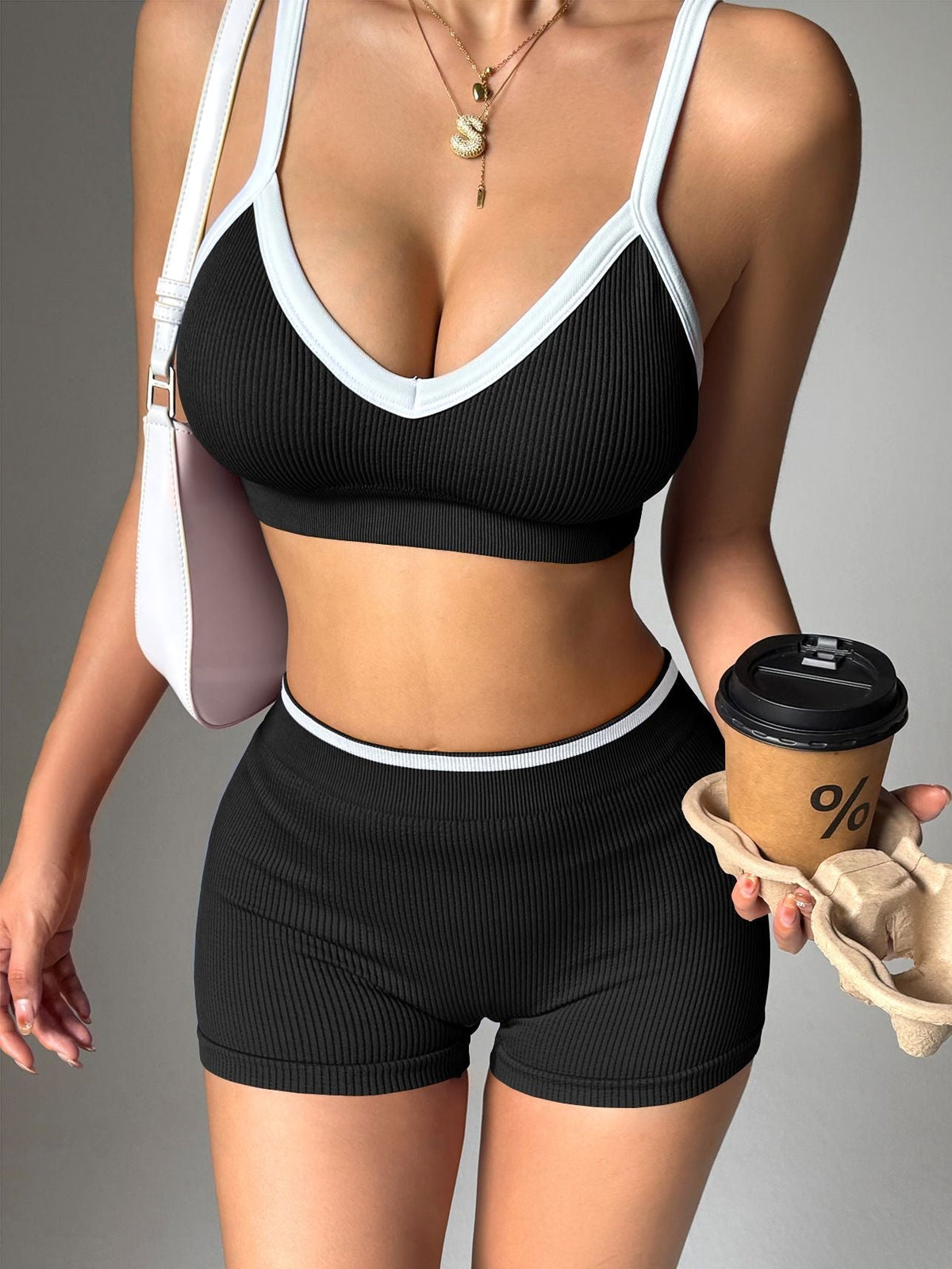 Contrast Color Stripe with Chest Pads Gather Shockproof Short Tracksuit