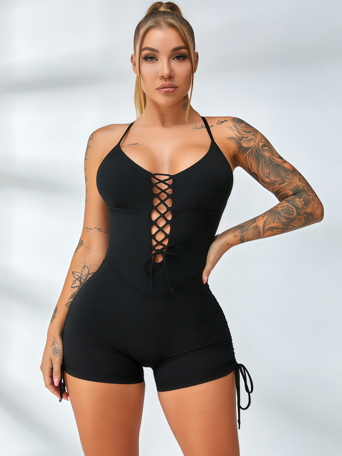 Cross Back Lace-Up Short Romper