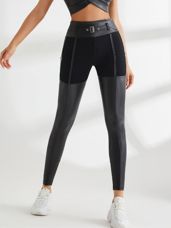 PU Glossy Metal Buttons Hip-lift Leggings