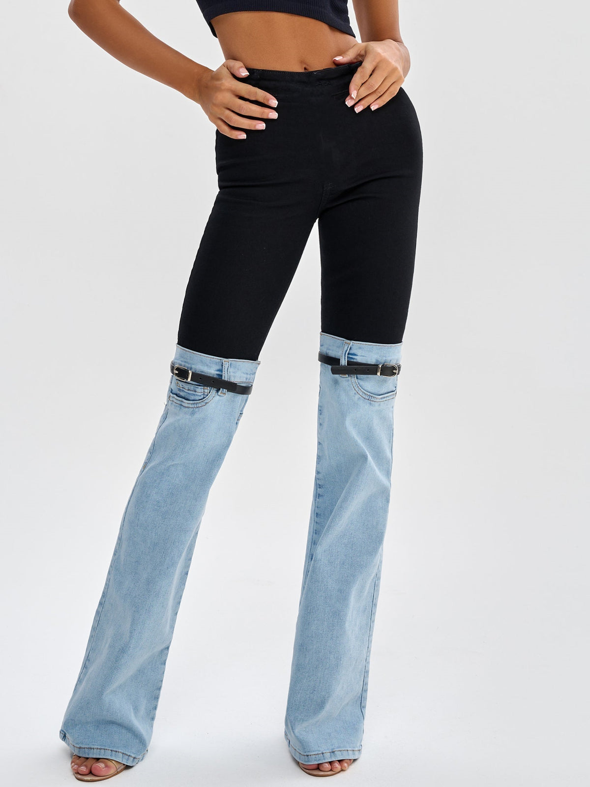 Contrast Color Denim Flare Fashion Pants