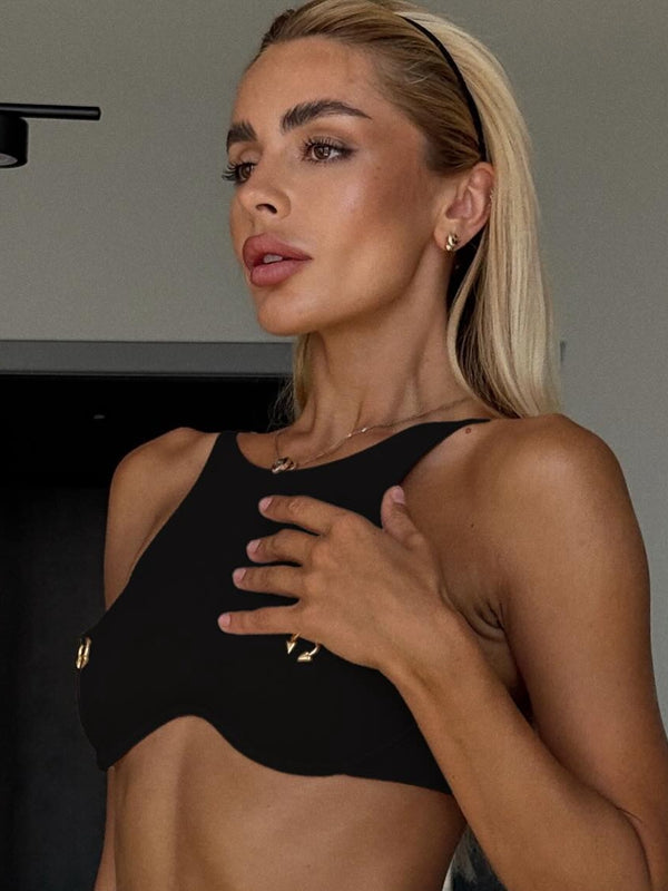 Fashion Perforated Metal Ring-Accent Sports Bras