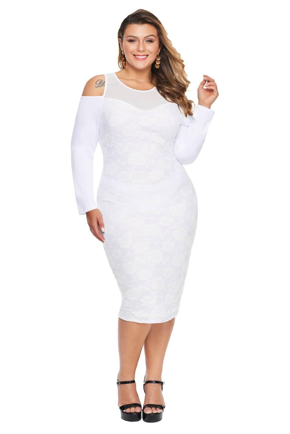 Andrea White Cold Shoulder Mesh Yoke Dress