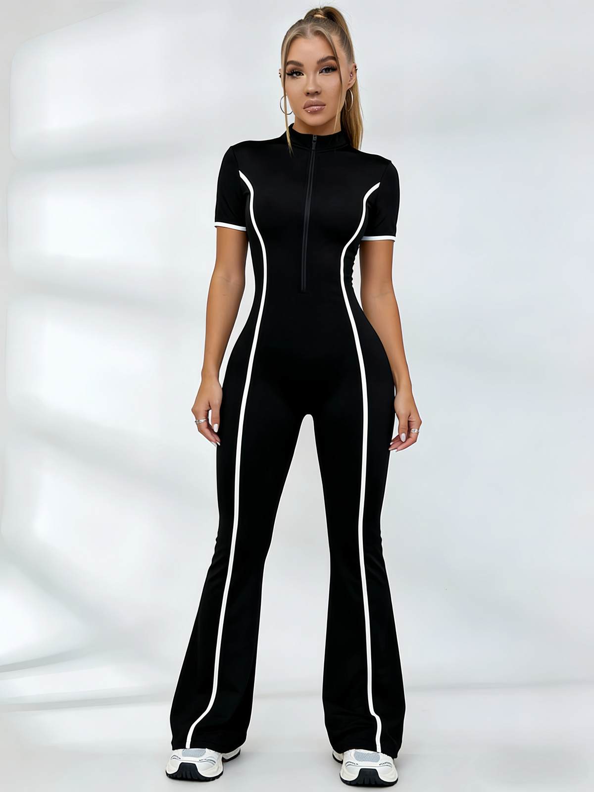 Contrast Color Stripes Zipper Jumpsuit