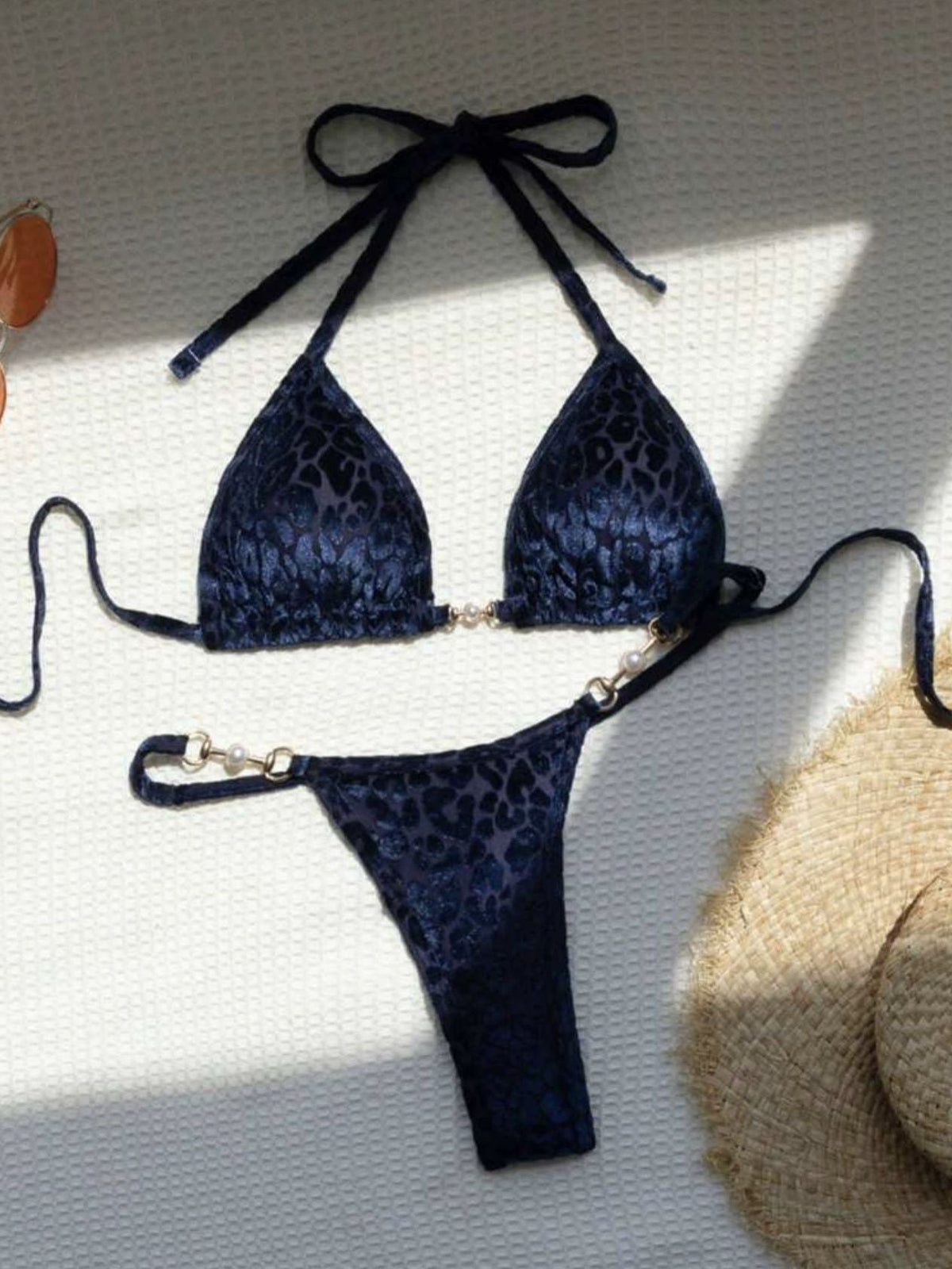 Leopard Print Glossy Coral Fleece Pearl Beach Bikini Set