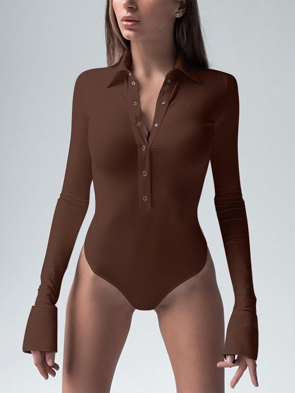 Lapel Button Long Sleeves Bodysuit