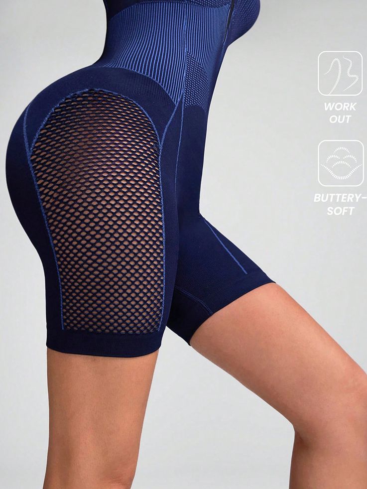 Hollow Out Net Zipper Push Up Design Elastic Tight Romper