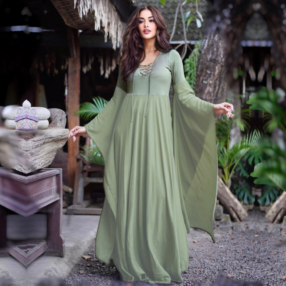 Emely Flowing Sleeve Lace Up Ties Renaissance Maxi Dress