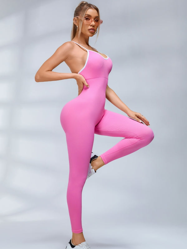 Contrast Color Cross Back Ribbed Jumpsuit