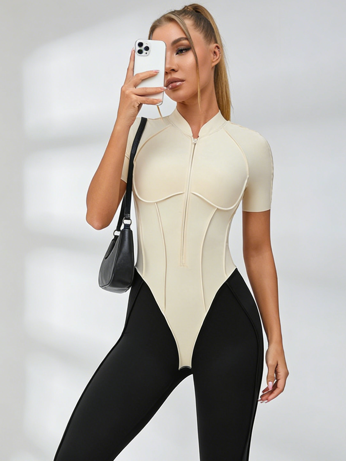 Contrast Color Backless Stitch Zipper Jumpsuit