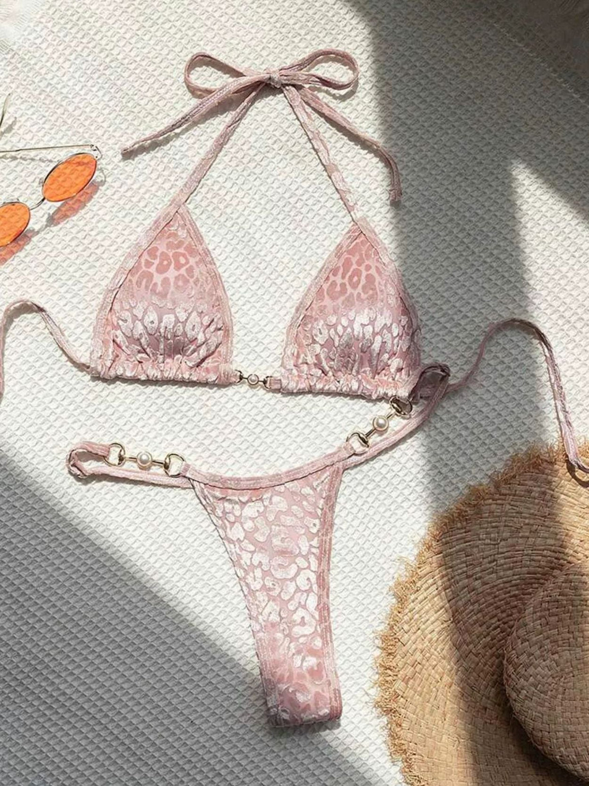 Leopard Print Glossy Coral Fleece Pearl Beach Bikini Set