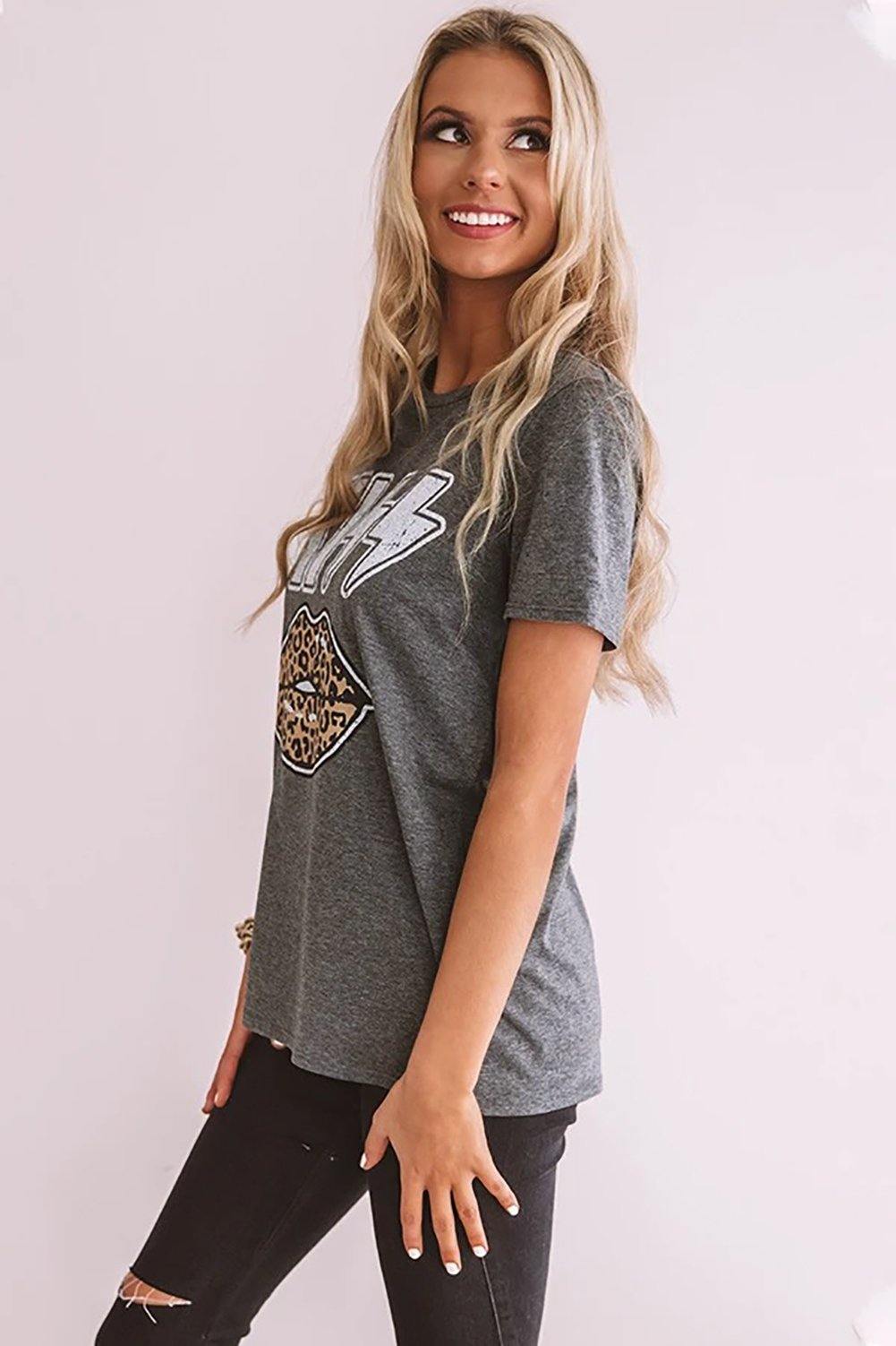 Zoe Kiss Leopard Lip Black T-shirt
