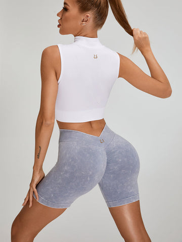 Deep V Back Faux Denim Scrunch Bum Ribbed Zipper Short Tacksuit