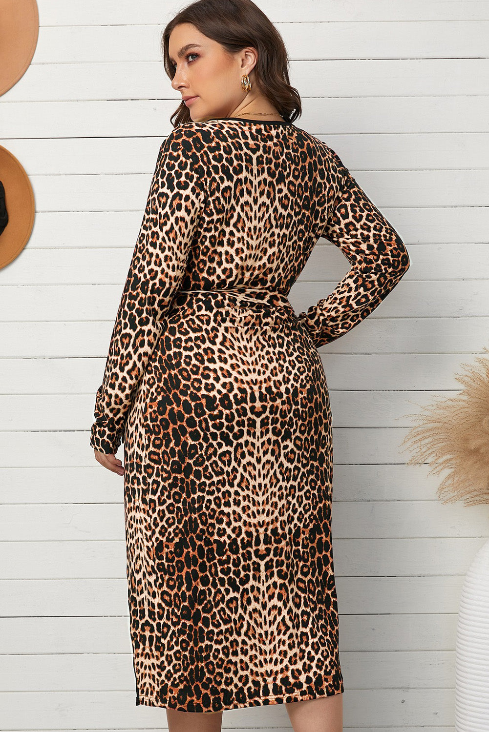 Aubrey Leopard Wrap V Neck Plus size Dress with A Slit