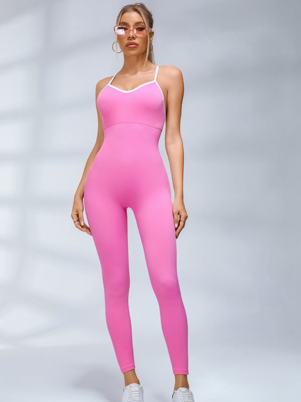 Contrast Color Cross Back Ribbed Jumpsuit