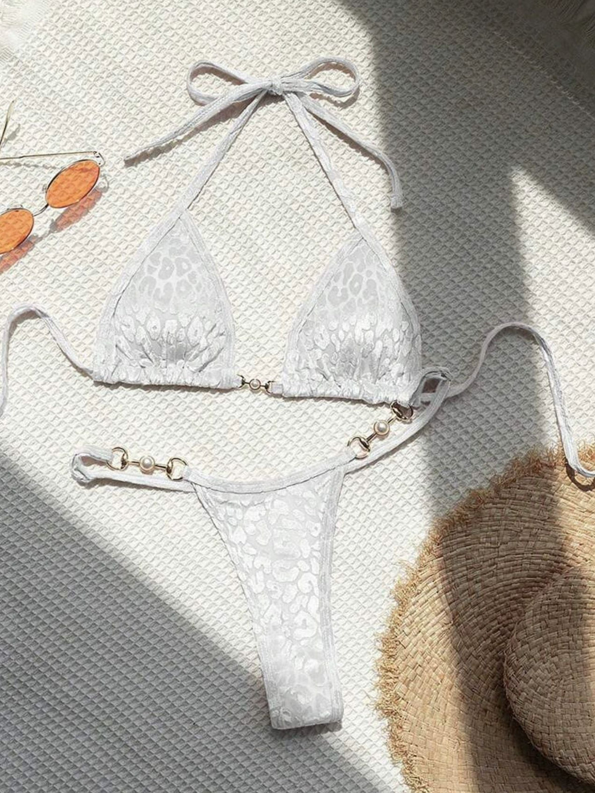 Leopard Print Glossy Coral Fleece Pearl Beach Bikini Set