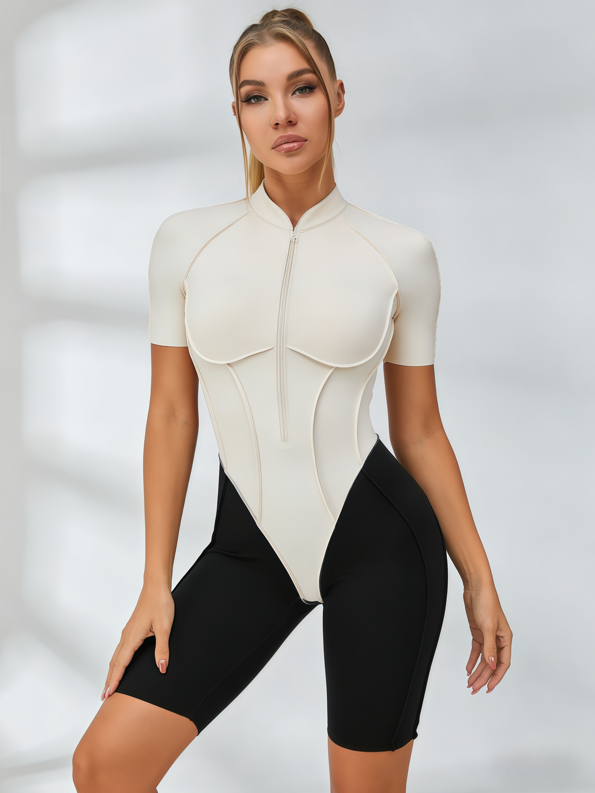 Contrast Color Backless Stitch Zipper Short Romper