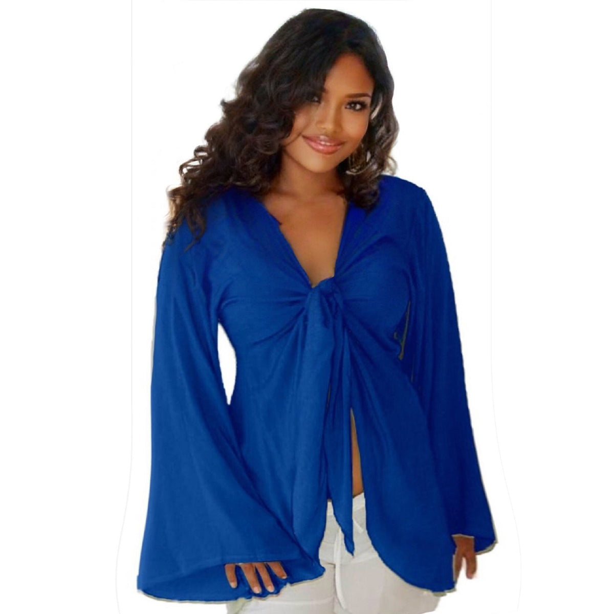 Brylee V Neckline Long Bell Sleeves Sexy Boho Chiffon Blouse