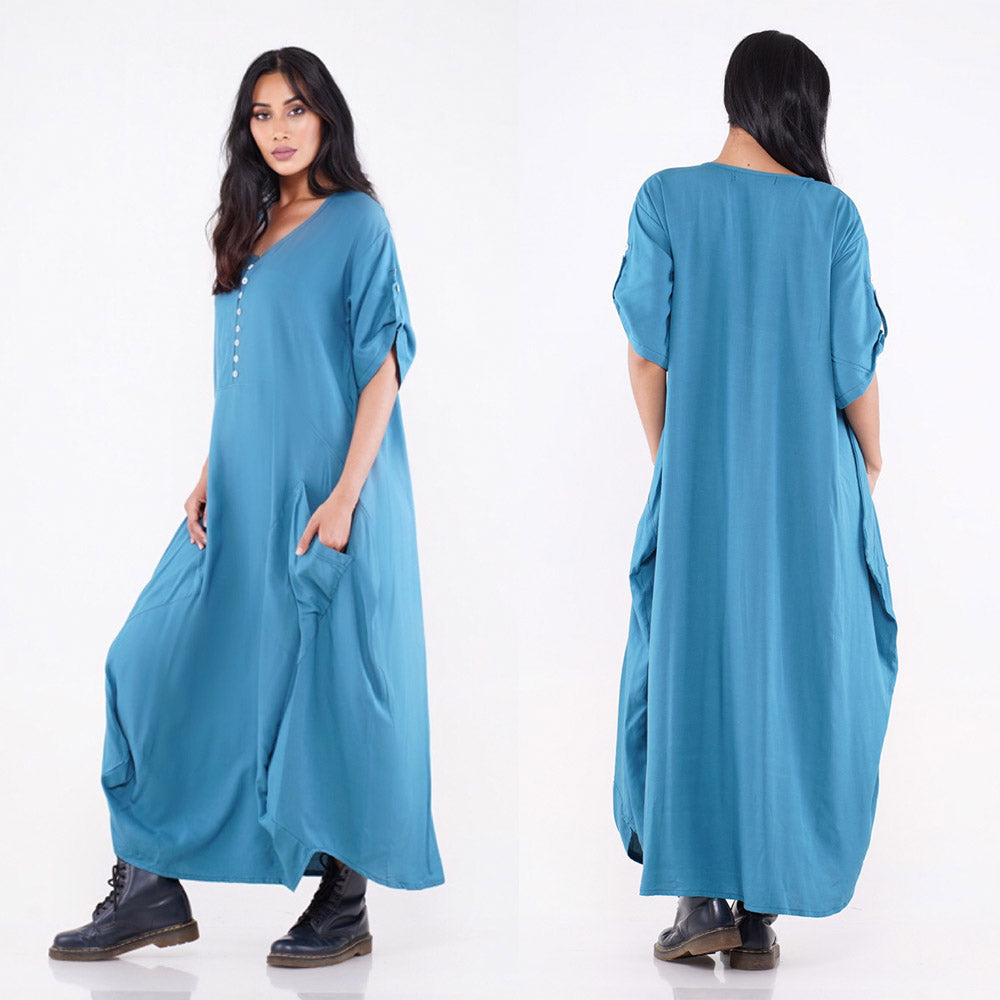 Mia Vintage Maxi Jumper Dress Asymmetrical Hem Button Down