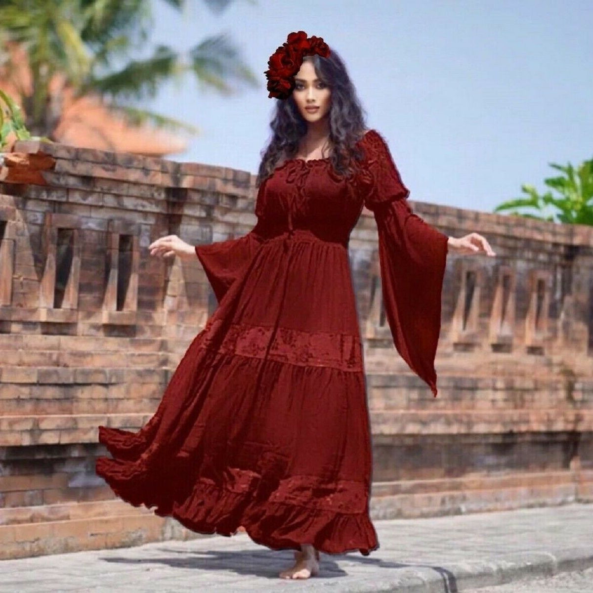 Elsa Renaissance Bell Sleeves Elasticized Waist Maxi Dress