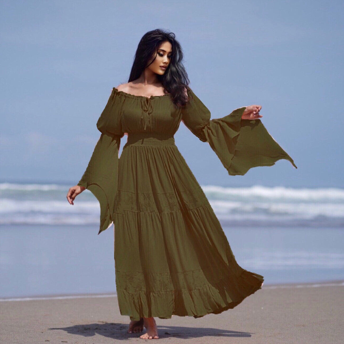 Elsa Renaissance Bell Sleeves Elasticized Waist Maxi Dress