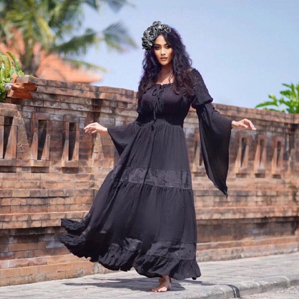 Lola Cottagegoth Smocked Waist Ruffle Wiccan Maxi Dress