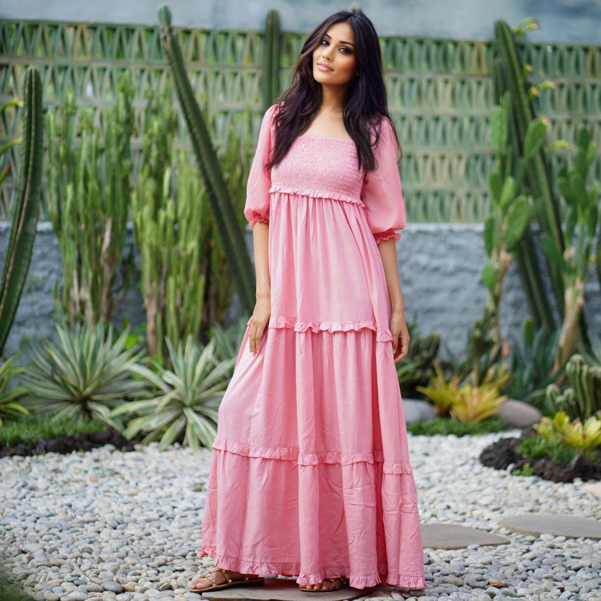 Selena Elasticized Empire Waist Tiered Boho Maxi Dress