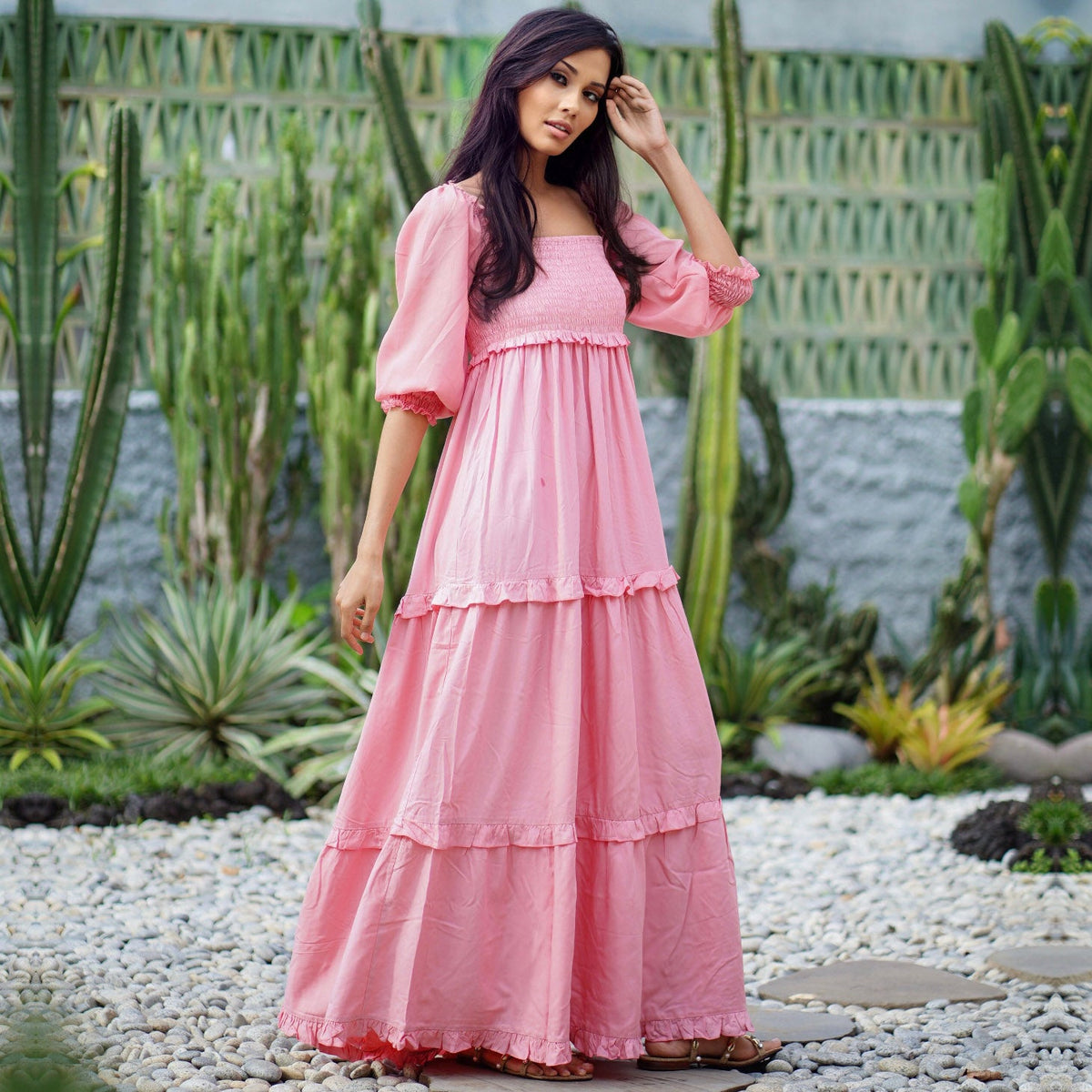 Selena Elasticized Empire Waist Tiered Boho Maxi Dress