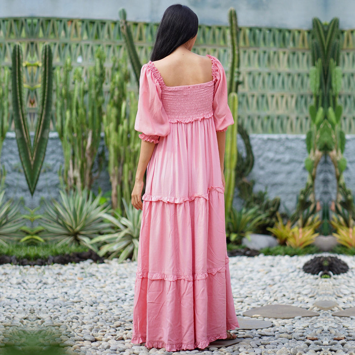 Selena Elasticized Empire Waist Tiered Boho Maxi Dress
