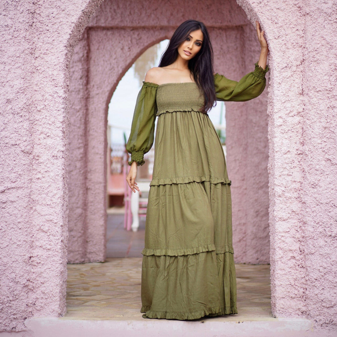 Selena Elasticized Empire Waist Tiered Boho Maxi Dress