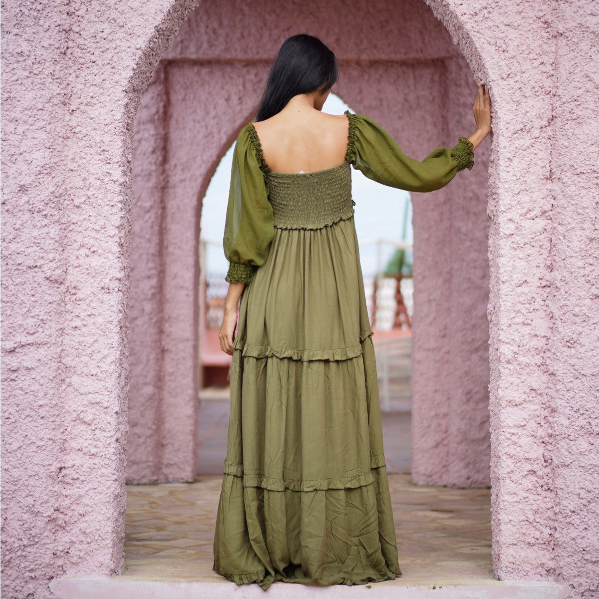 Selena Elasticized Empire Waist Tiered Boho Maxi Dress