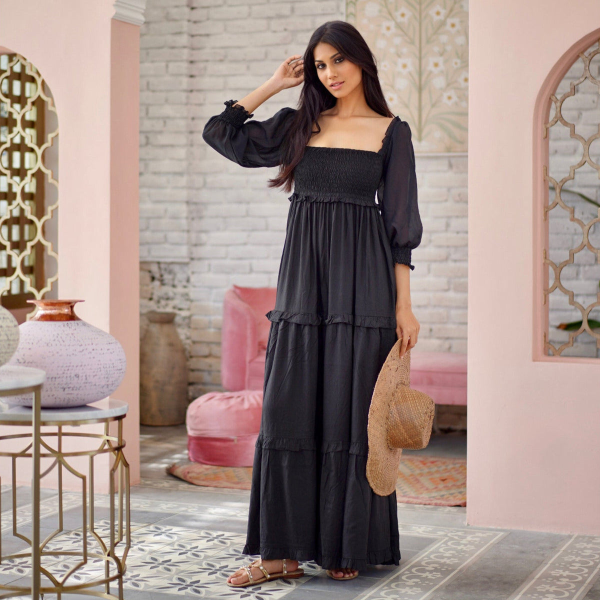 Selena Elasticized Empire Waist Tiered Boho Maxi Dress