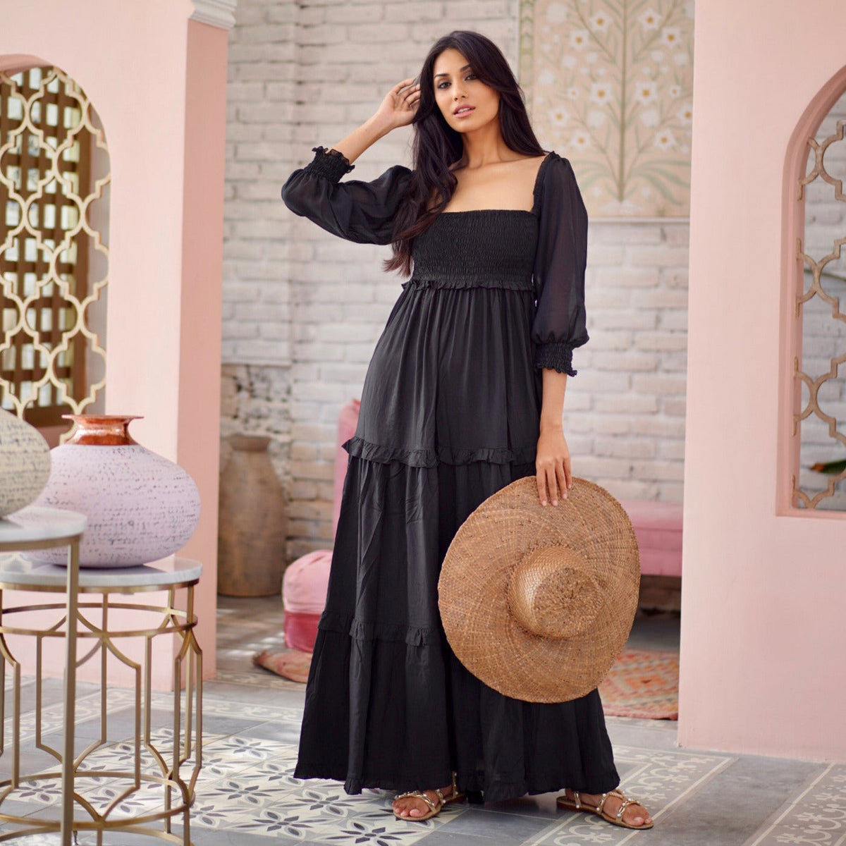 Selena Elasticized Empire Waist Tiered Boho Maxi Dress