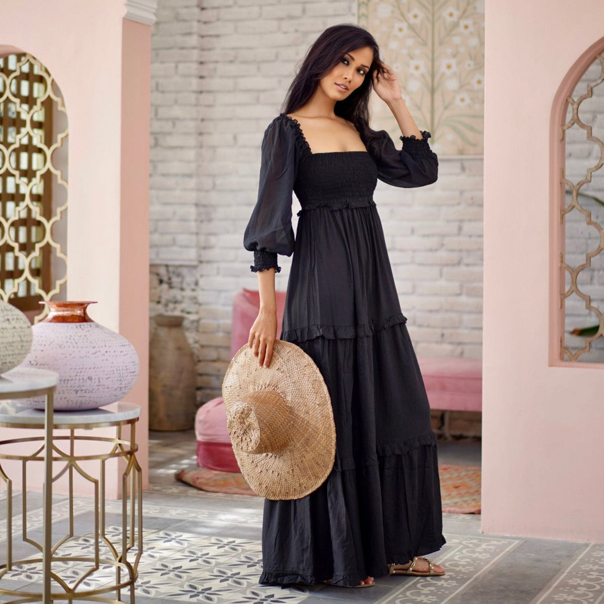 Selena Elasticized Empire Waist Tiered Boho Maxi Dress