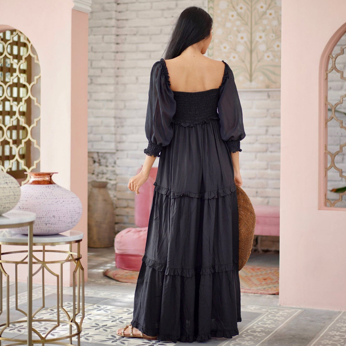 Selena Elasticized Empire Waist Tiered Boho Maxi Dress